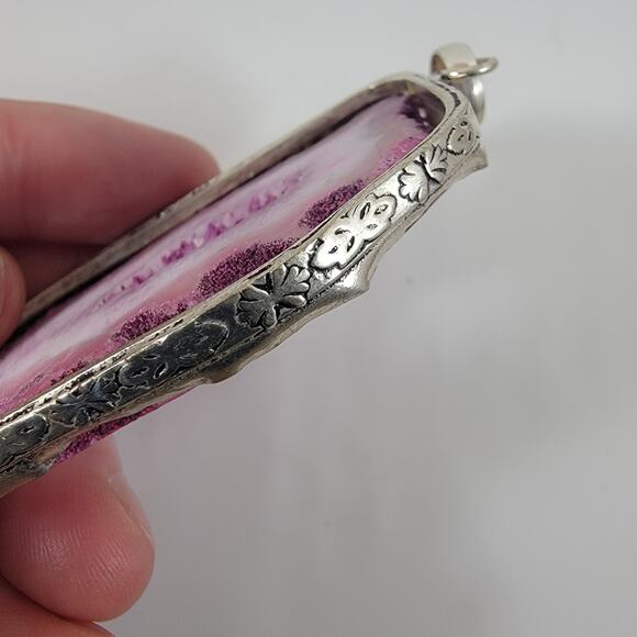 Handmade Silver Pendant – Pink Druzy Agate Slice + 20" Silver Snake Chain - Picture 3 of 10